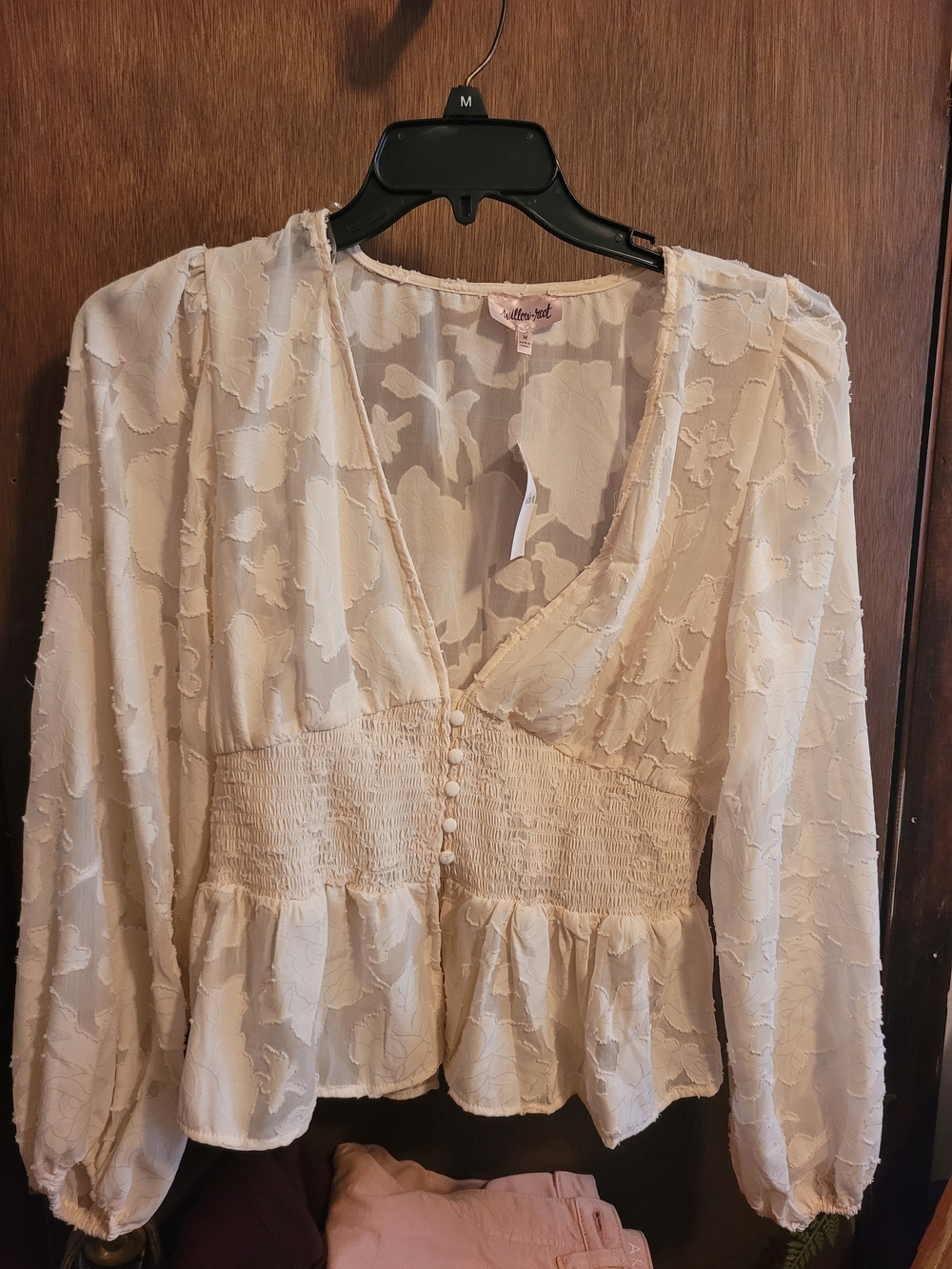 Textured Ivory Peplum Blouse with Smocked Waist